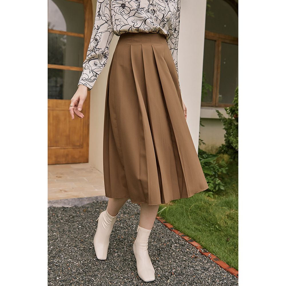 百褶高腰半身裙-焦糖色