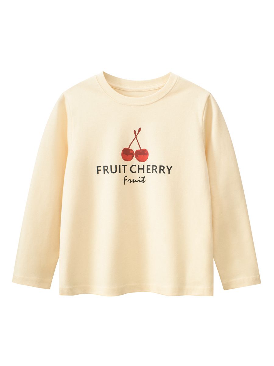 (大童)純棉圓領薄長袖上衣-櫻桃-杏色