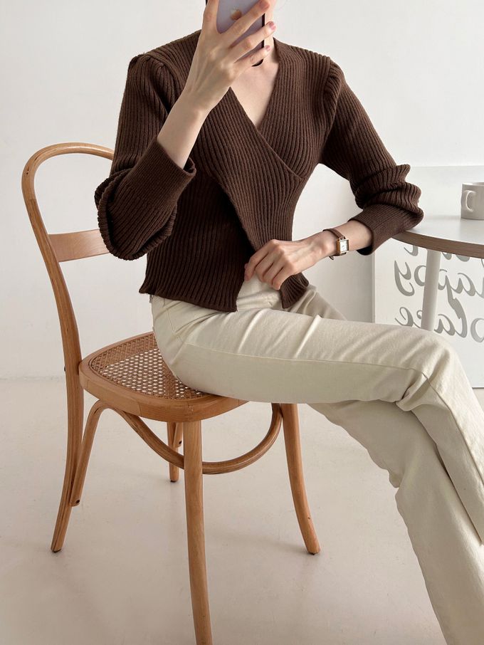 韓國女裝連線 - X交叉設計彈性坑條針織上衣-粉 (FREE)