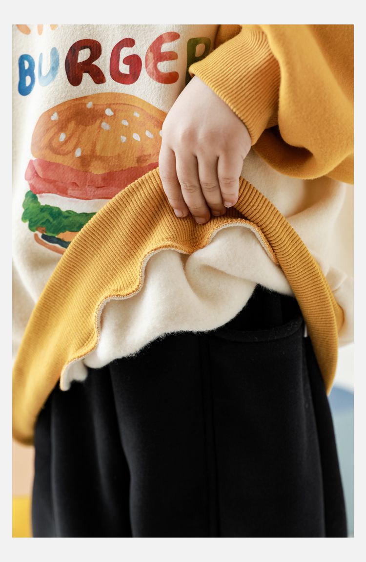 TONGMO - (加絨)卡通圓領保暖長袖上衣/大學T-漢堡-黃+米白