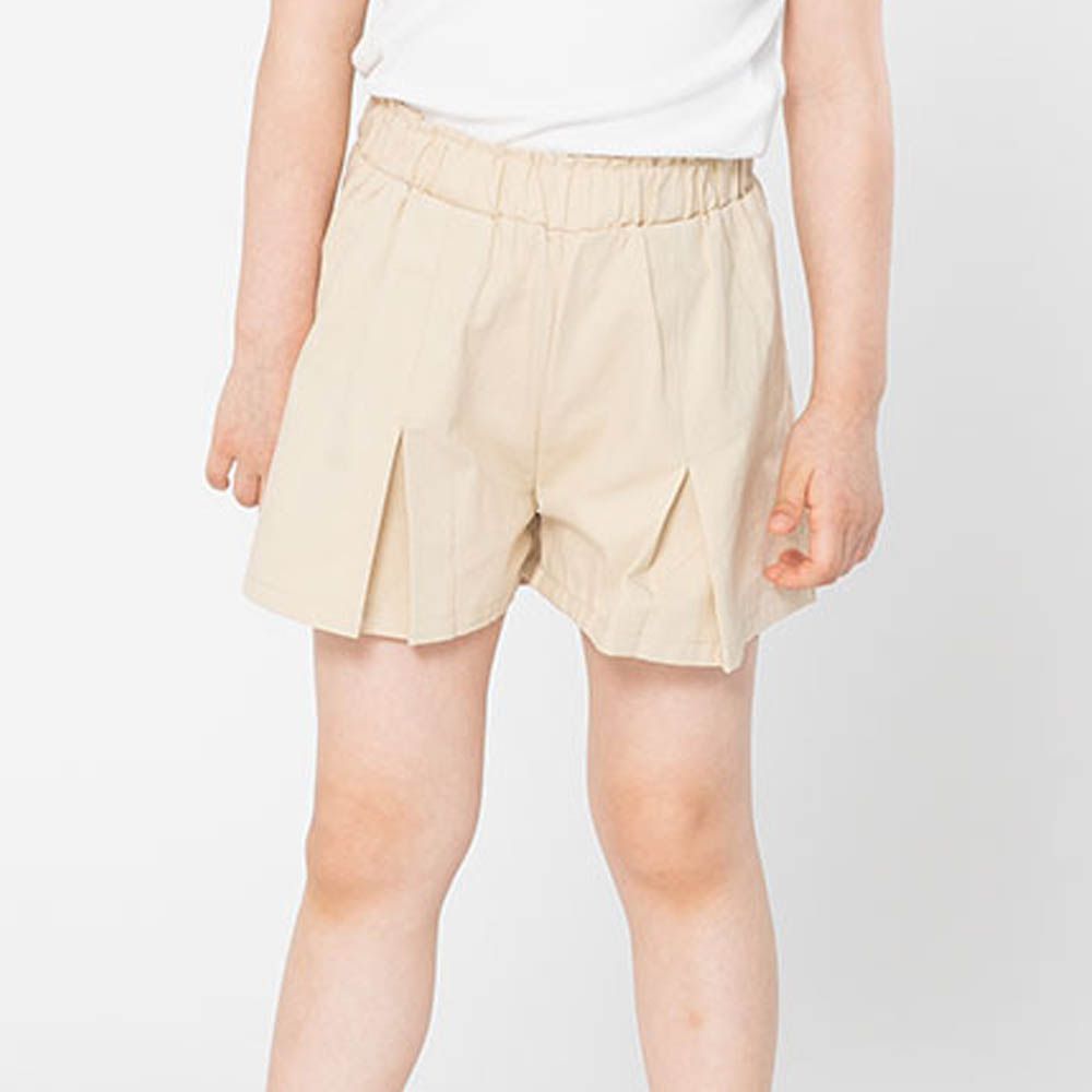 鬆緊腰素雅抓褶短褲-淺卡其
