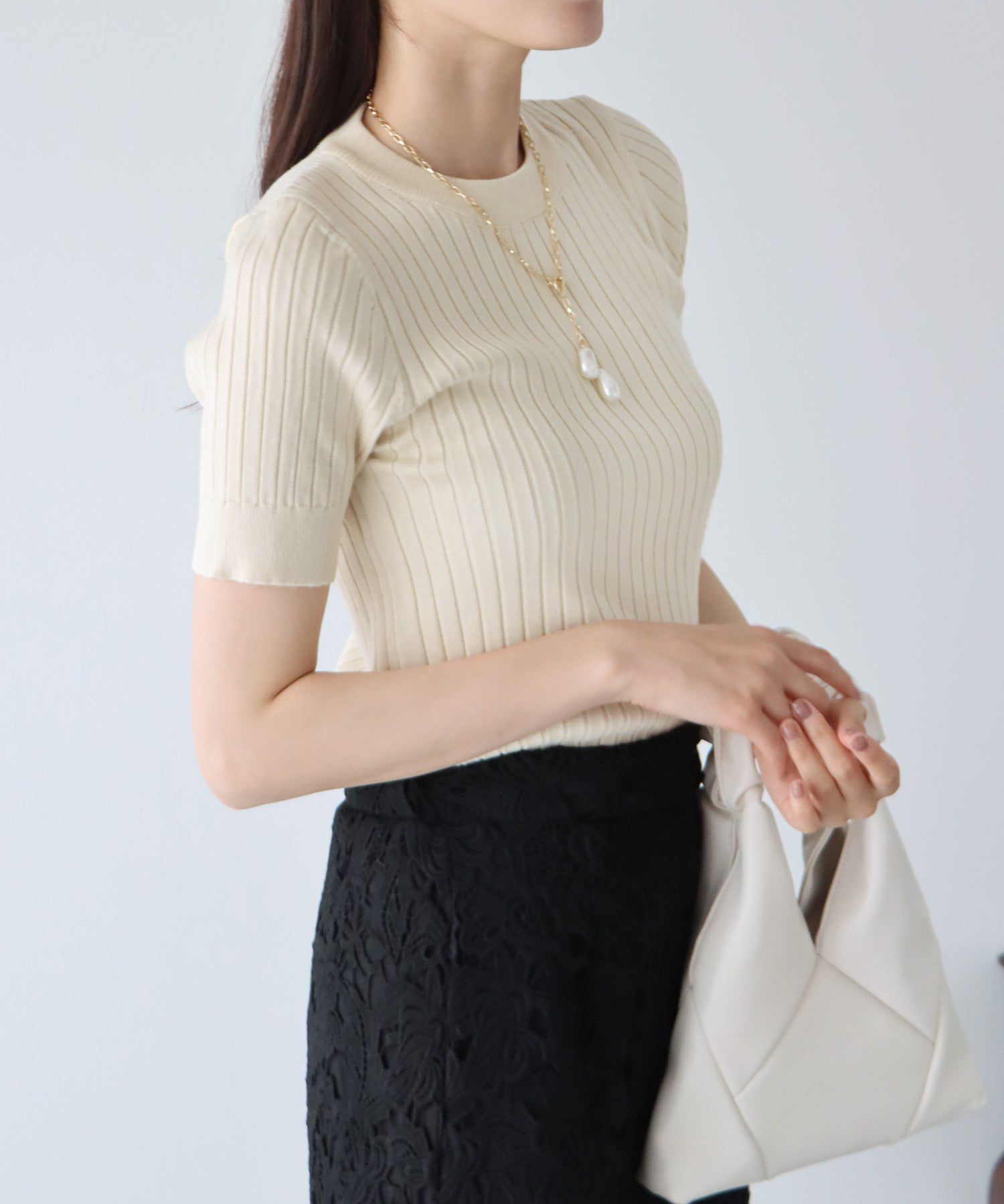 日本 BLUE EAST - 彈性寬羅紋薄針織短袖上衣-淺粉x白