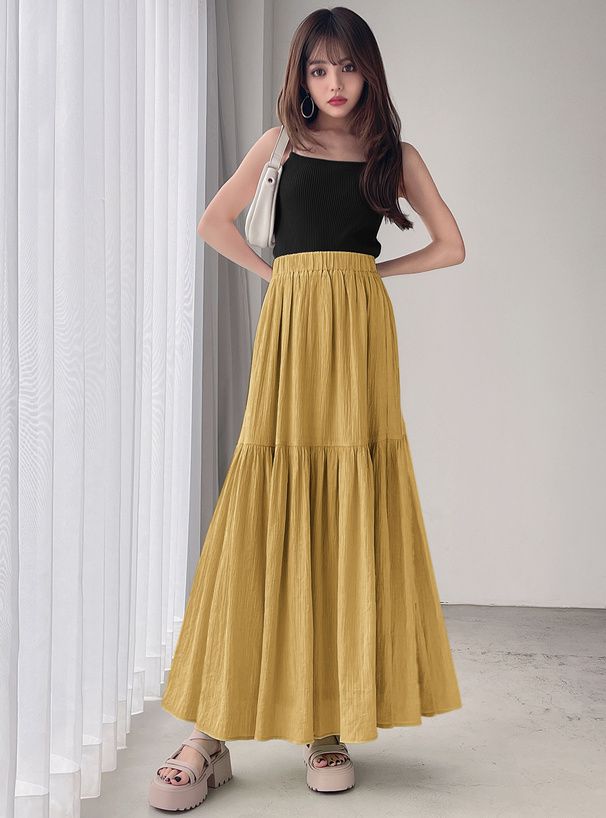 日本 GRL - 嫘縈混楊柳飄逸感長裙-奶油黃 (M)