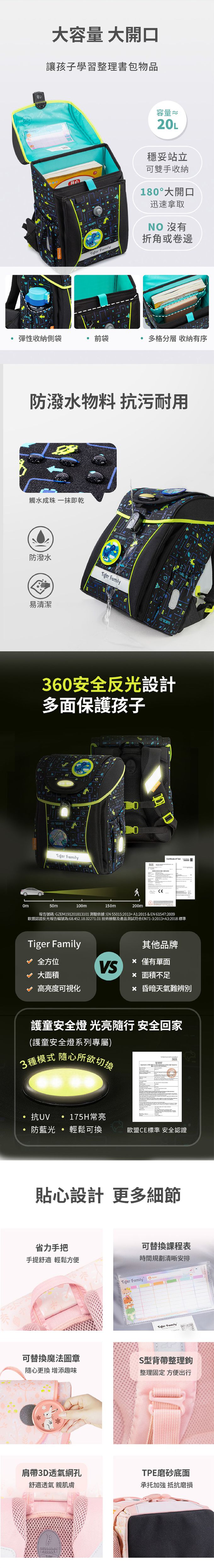 大開口設計，一目了然好拿取，還有360度安全反光設計，全面保護孩子