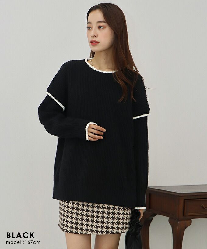 日本 BLUE EAST - 撞色滾邊落肩針織毛衣-米白