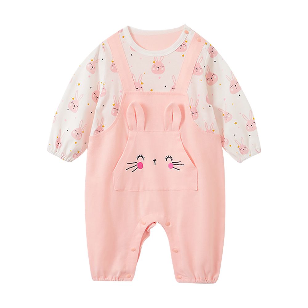 JoyNa - 嬰兒連身衣 春秋款動物造型包屁衣-背帶粉兔