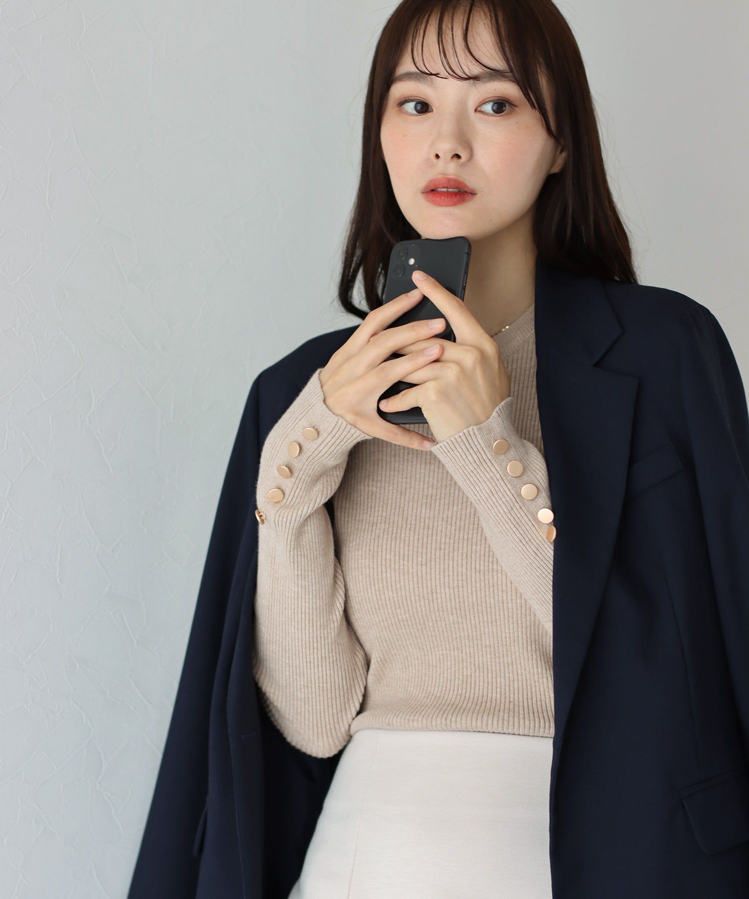 日本 BLUE EAST - 時尚金釦羅紋針織上衣-墨綠