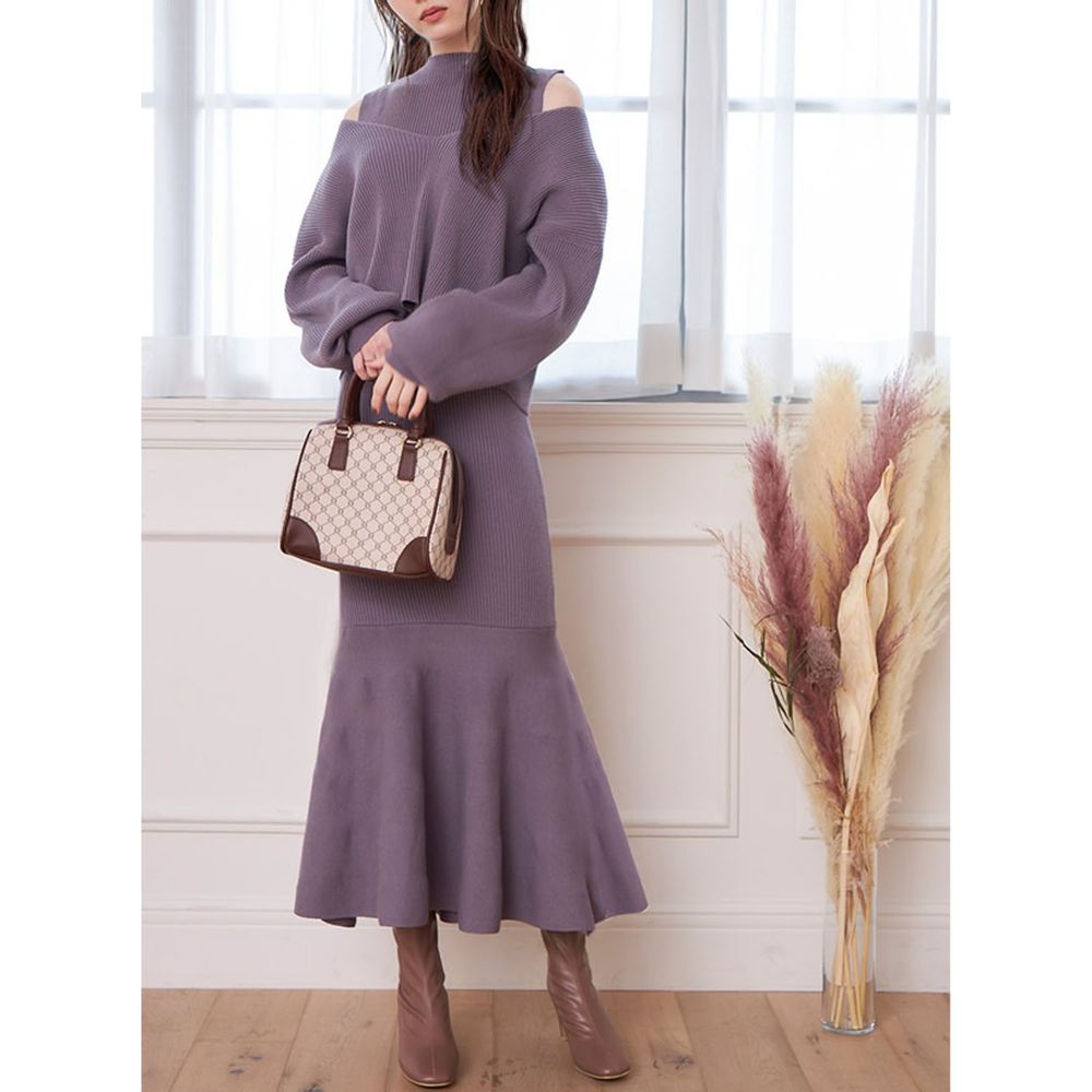 日本 GRL - 針織立領背心魚尾洋裝X寬鬆大V領毛衣兩件組-紫