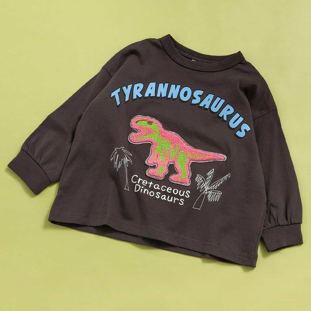 童趣立體刺繡長袖上衣-恐龍-炭黑