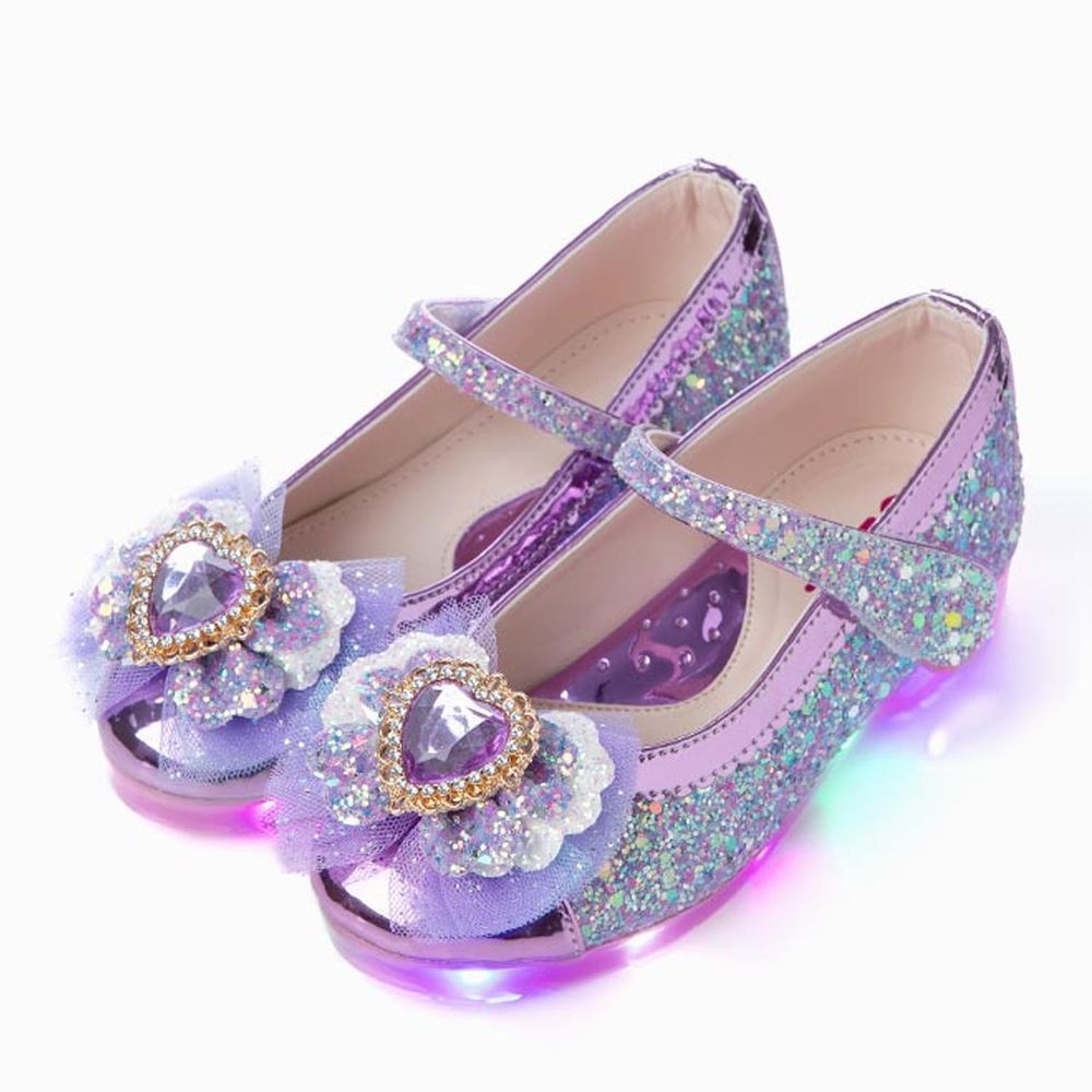 韓國 OZKIZ - (LED)愛心鑽點綴蝴蝶結亮片皮鞋-紫