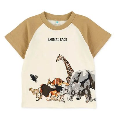 日本西松屋 - 100%棉 撞色印花短袖上衣-動物-棕