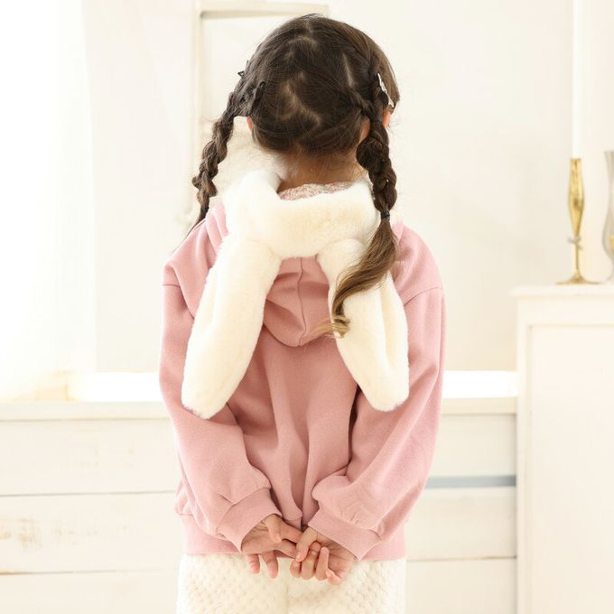 日本 ZOOLAND - 俏皮兔子絨毛耳朵內刷毛休閒外套-白