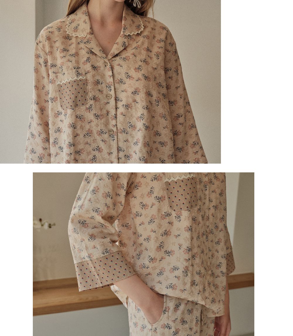 韓國 ULLALA - 圓點碎花長袖睡衣-(兩件式)-杏 (FREE)