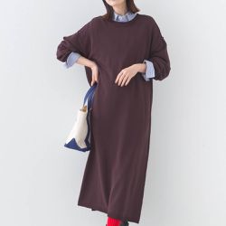 日本 OMNES - 落肩優雅柔滑嫘縈素色長袖洋裝-可可棕