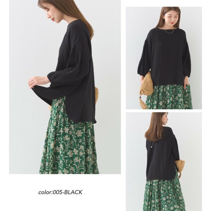 日本 OMNES - 100%印度棉 簡潔二重紗澎袖上衣-深藍格紋