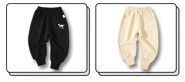 加絨腰鬆緊束口休閒長褲-灰色小恐龍-杏色