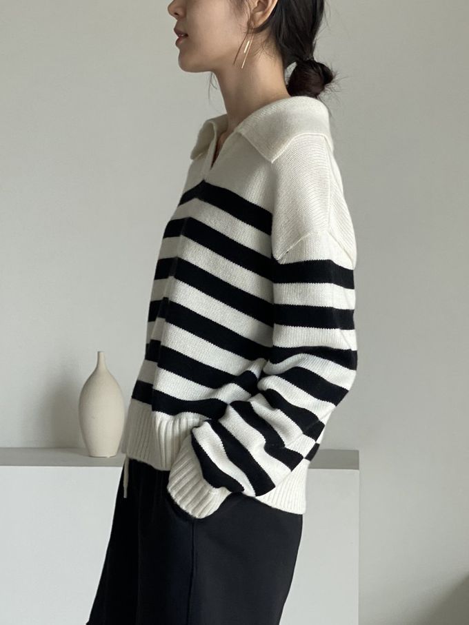 韓國女裝連線 - 精選美麗諾羊毛翻領上衣-米白底X黑條紋 (FREE)