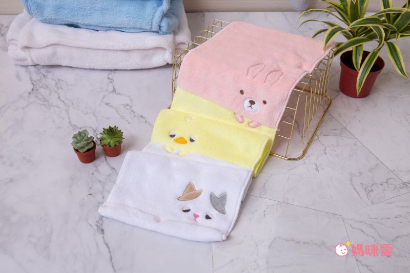日本 LIV HEART - 5倍吸水力蓬鬆柔軟 附釦式長型擦手巾-兔子x小鴨x花貓-粉黃白 (20x75cm)