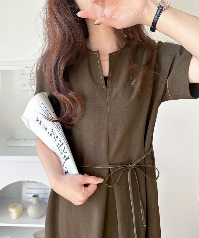 日本 Classical Elf - 鑰匙領綁帶休閒感縫線短袖洋裝-深藍