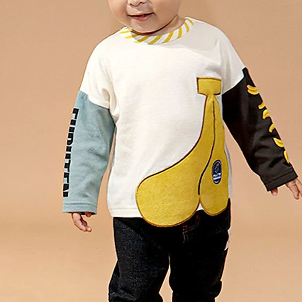 水果樂園 燈芯絨香蕉撞色長袖上衣-象牙白