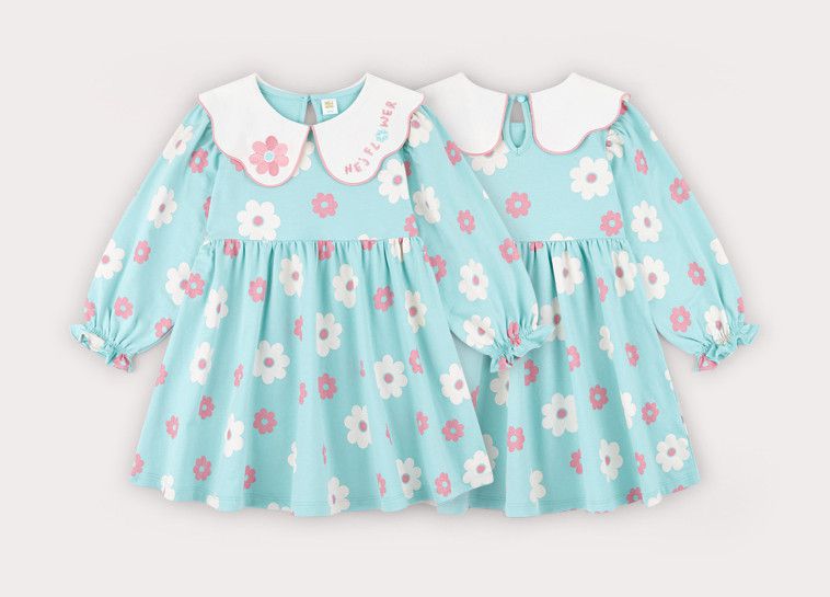 韓國 HEJMINI - 花瓣領粉白花朵泡泡袖洋裝