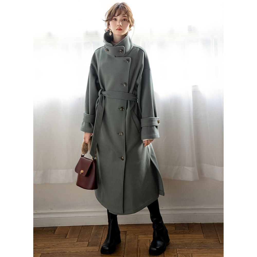 日本 GRL - 大立領綁帶側排釦大衣/外套-墨綠