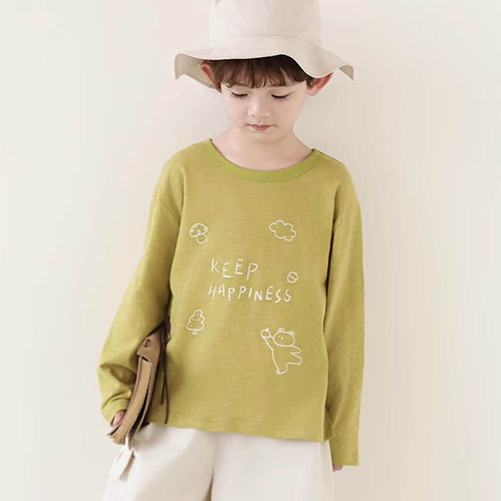 純棉竹節紋圓領落肩長袖上衣-繪畫印花-綠色