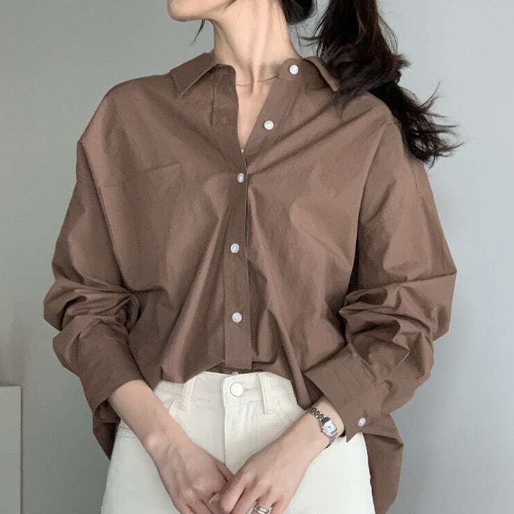 簡約質感後背抓褶長袖襯衫-咖啡 (FREE)