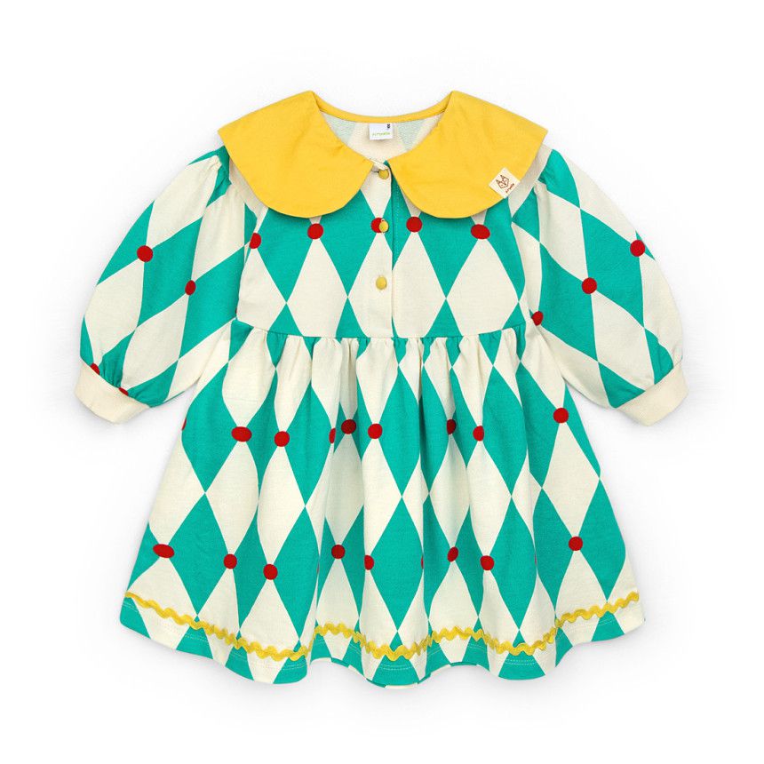 韓國 Pimpollo - 菱格紋撞色翻領洋裝-黃