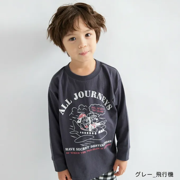 日本 BRANSHES - 100%棉 美式印花薄長袖上衣-飛機-白