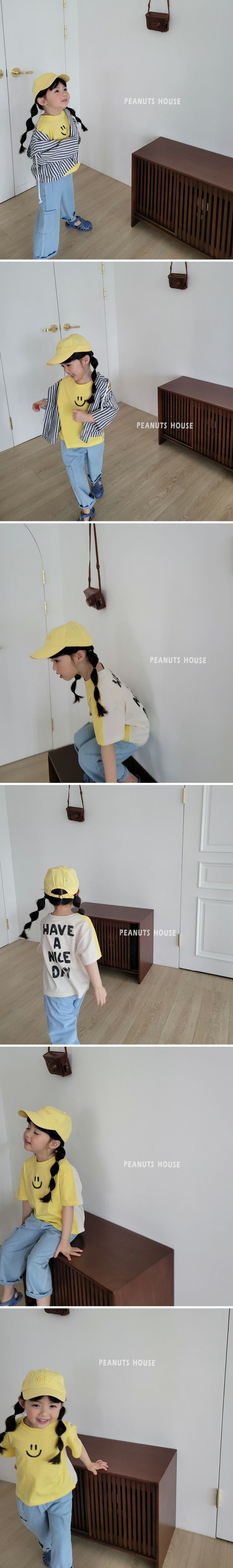 韓國 Peanuts House - 純棉拼色圓領短袖上衣-笑臉文字-黃X米