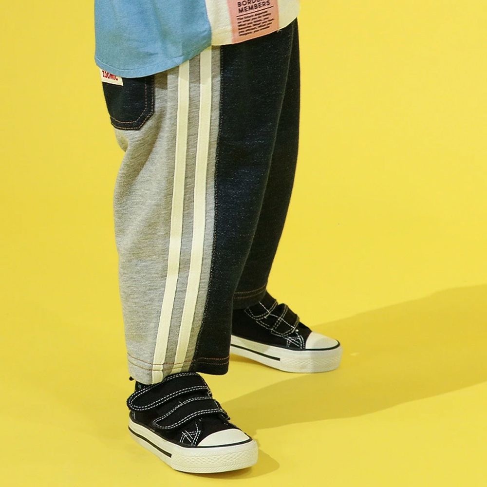 背後熊熊logo側條紋休閒長褲-中藍