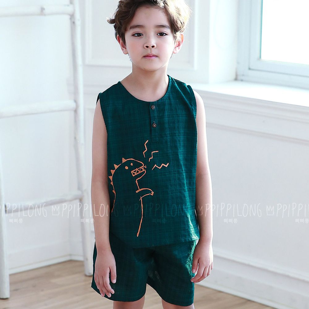 韓國 Ppippilong - 棉混紡涼感套裝-綠色恐龍