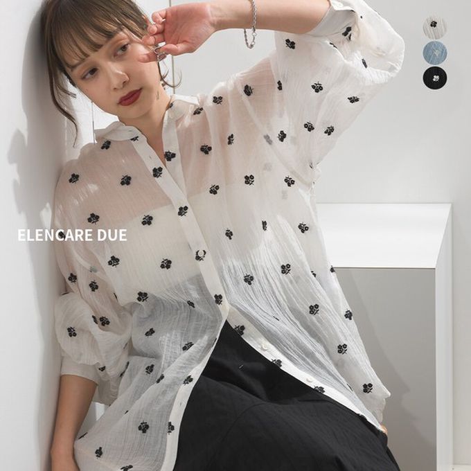 日本 ELENCARE DUE - 柔軟楊柳透膚澎袖襯衫-小花-白