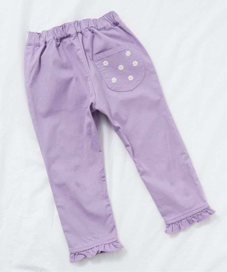 日本 apres les cours - 雛菊刺繡口袋下擺荷葉休閒九分褲-丹寧藍