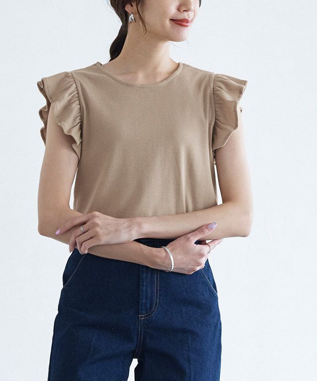 日本 Pierrot - 棉混柔美圓領荷葉袖上衣-珊瑚橘