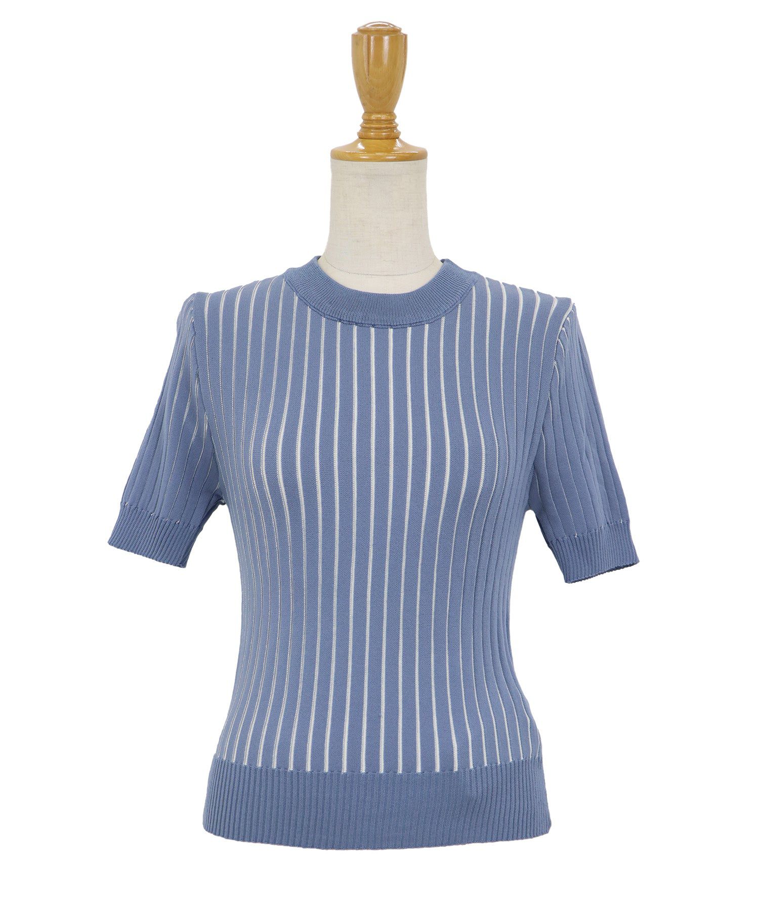 日本 BLUE EAST - 彈性寬羅紋薄針織短袖上衣-淺粉x白