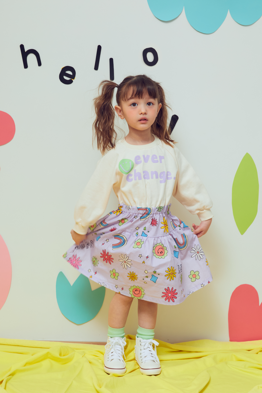 韓國 MINIATURE - 彩虹雛菊拼接縮腰洋裝-奶油白