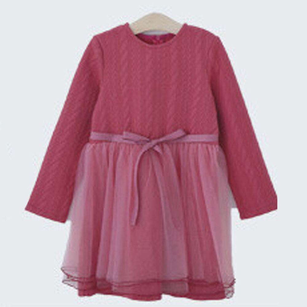 日本 Maison de Ravi - 針織紋拼接薄紗長袖洋裝-21'-莓果粉