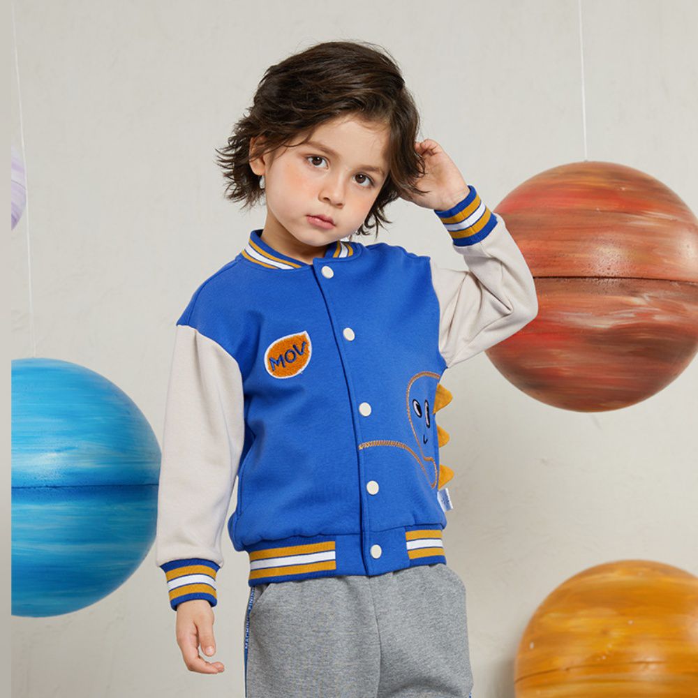 童趣拼色棒球外套-偷看恐龍-藍+杏