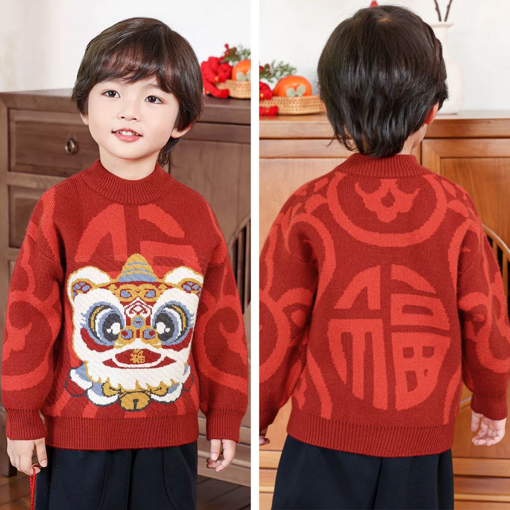 加厚保暖針織長袖上衣-醒獅送福-紅色