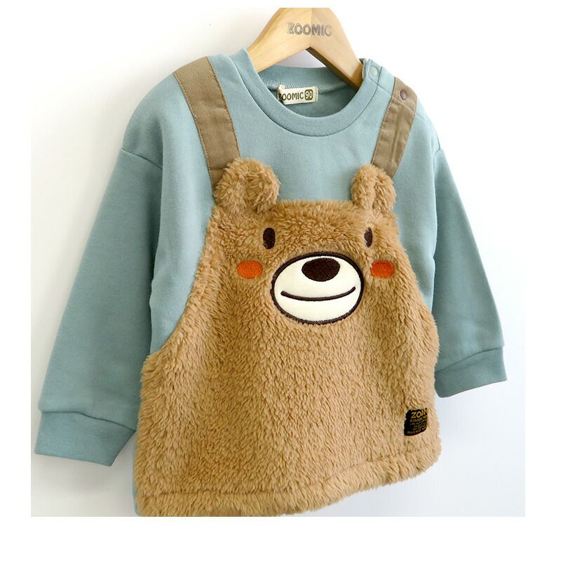 日本 ZOOLAND - 童趣印花圓領長袖上衣-吊帶小熊-薄荷綠