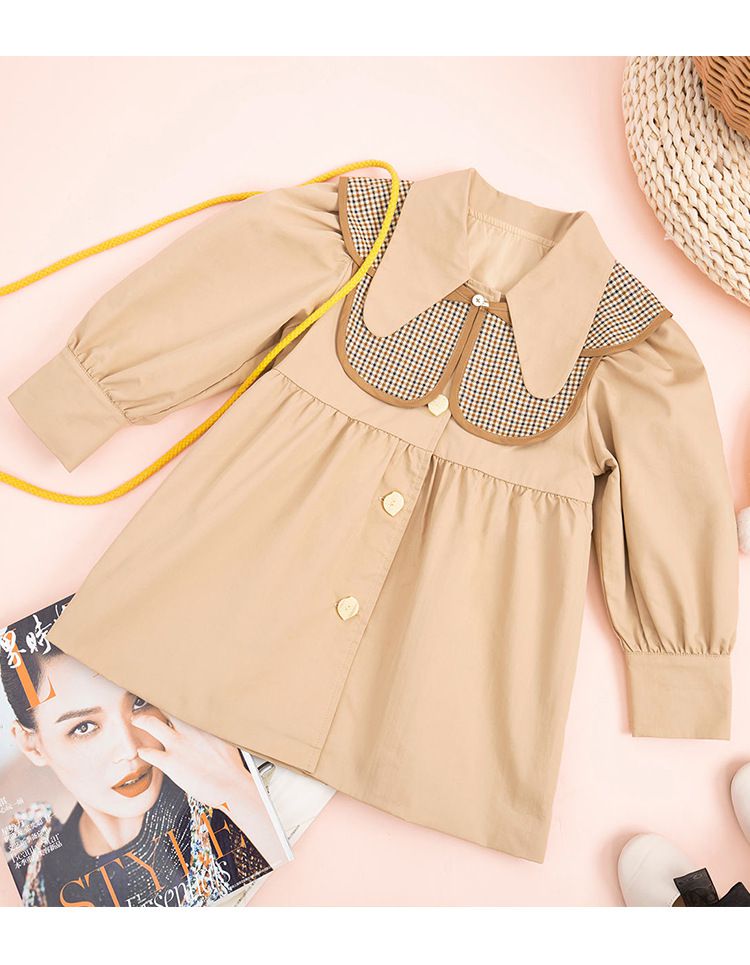 大翻領長袖風衣外套-蝴蝶結格紋-卡其色