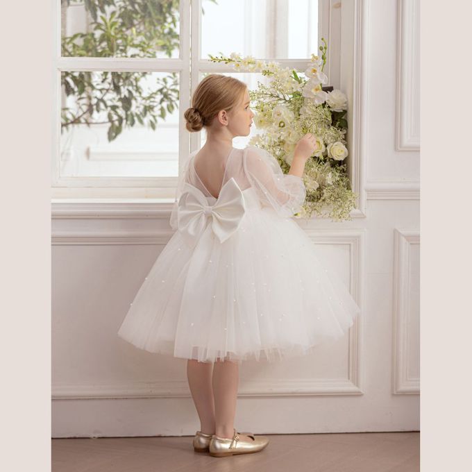 畢業典禮柔美釘珠七分袖純白紗小禮服