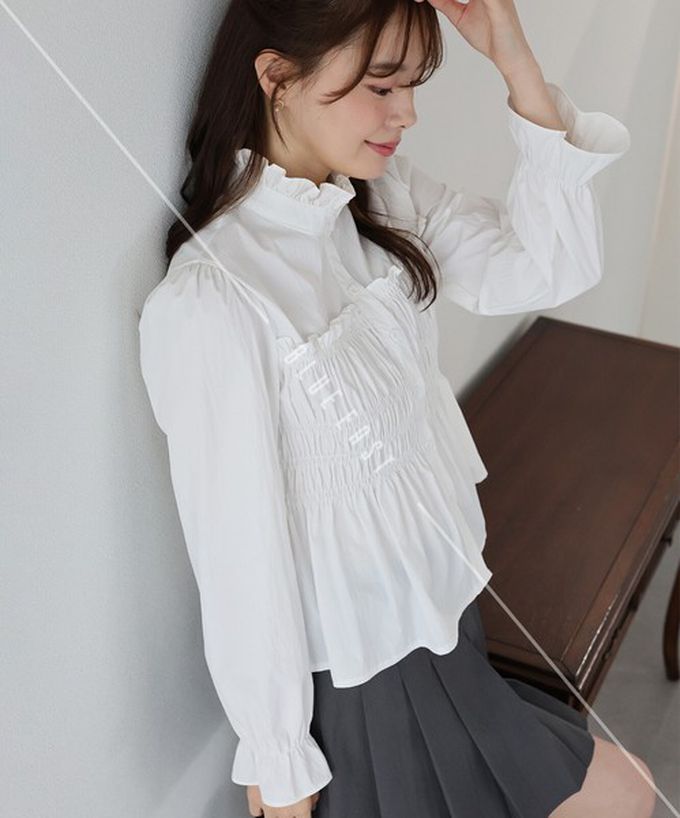 日本 BLUE EAST - 小立領荷葉皺摺束腰長袖襯衫-黑