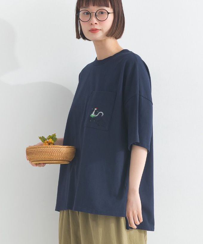 日本 Lupilien - 16支天竺棉俏皮動物刺繡大口袋短袖T恤-咖啡