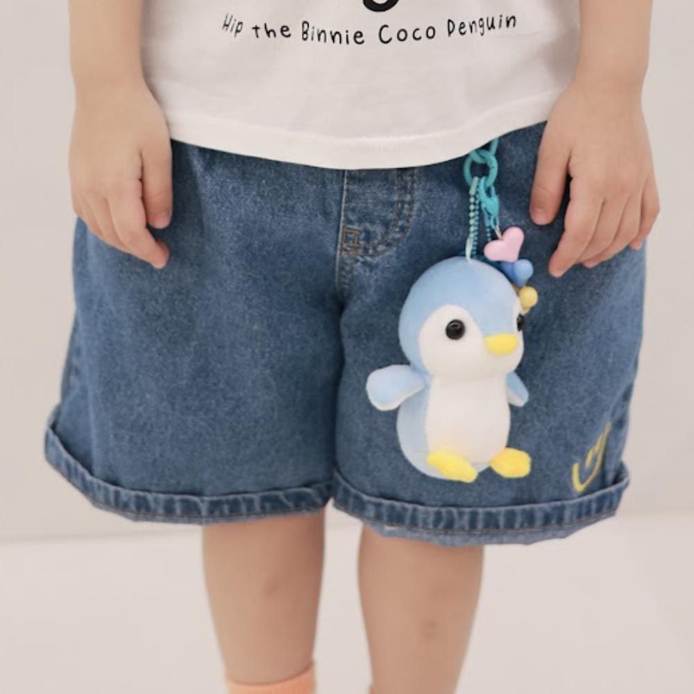 韓國 Coco rabbit - 鬆緊腰裝飾笑臉牛仔短褲-天藍企鵝