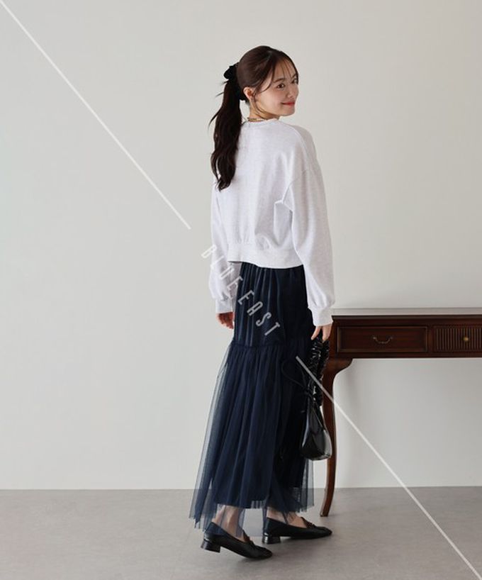 日本 BLUE EAST - 薄紗絲絨拼接飄逸長裙-(可選長度)-深藍