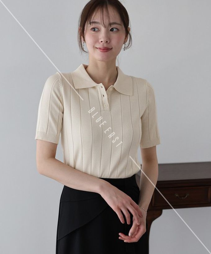 日本 BLUE EAST - 都會氣息寬羅紋針織短袖polo衫-黑