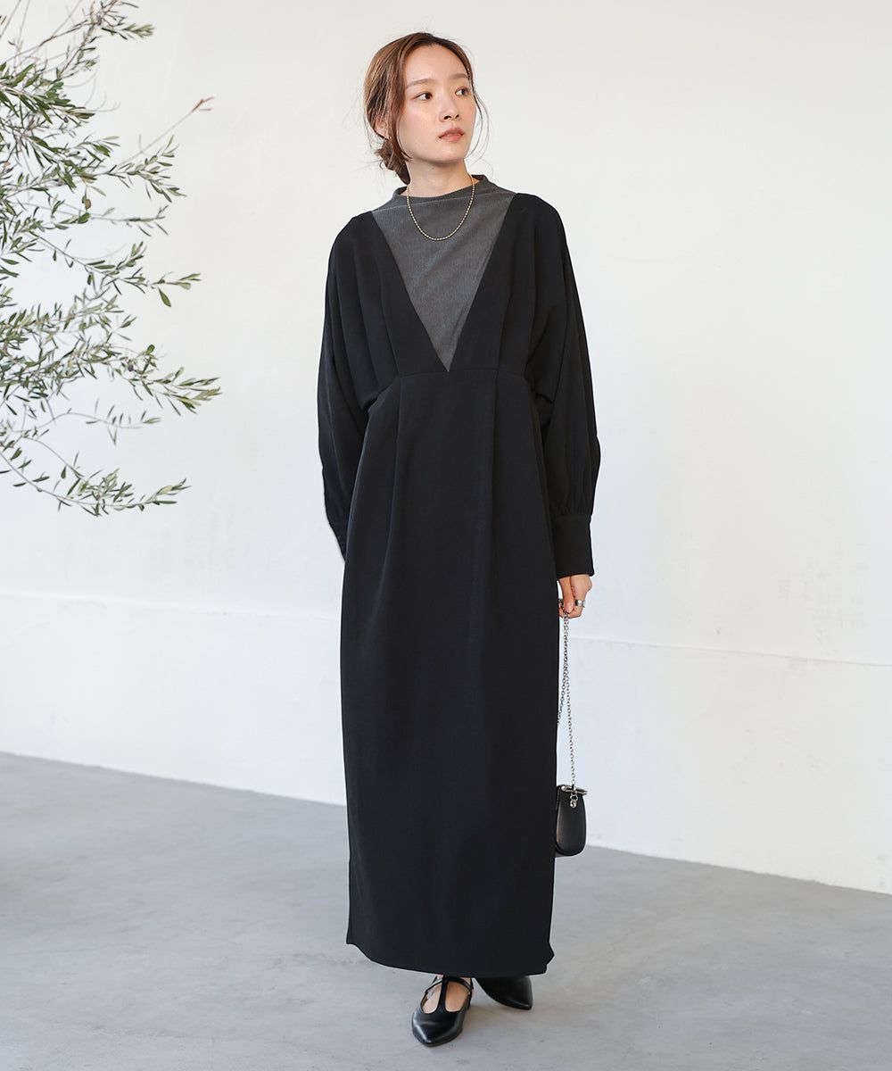 日本 Bab - 大V領拼接唯美歐風長袖洋裝-灰藍